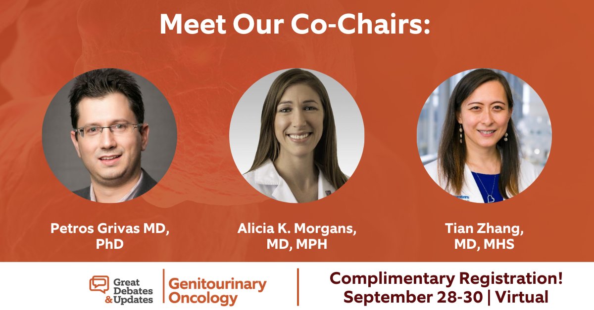 #GDUGU2022 begins this Wednesday, September 28. Join our conference chairs @PGrivasMDPhD, @CaPsurvivorship, and @TiansterZhang as we cover the latest advances in the treatment of cancers in the GU tract. Register Now: okt.to/0T4oBi