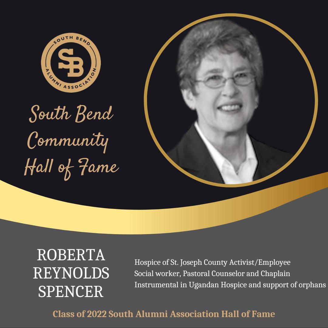southbendalumni's tweet photo. The seventh member of the 35th South Bend Community Hall of Fame Class is Roberta Reynolds Spencer.  Please join us on October 11th at the @centurycenter to celebrate her and her six fellow inductees. 
For information on our event visit: https://southbendalumniassociation/events/ https://t.co/XEIWbjoKb4