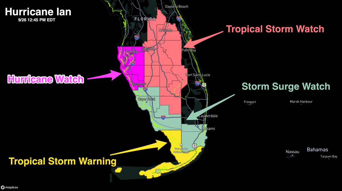RadarOmega's tweet photo. (Monday, Sept. 26 12:45 PM EDT) 

Here is a look at the current areas under a Tropical Storm Warning, Hurricane Watch, Tropical Storm Watch, and a Storm Surge Watch for Hurricane #Ian. [1/5] https://t.co/Q7YpwUu5i5