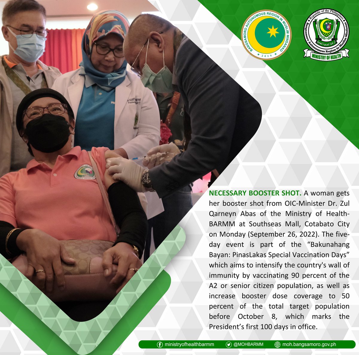 MOHBARMM's tweet photo. The Ministry of Health (MOH) and Integrated Provincial Health Office – Maguindanao launched an orientation to intensify the Bakunahang Bayan: PINASLAKAS: Special COVID-19 Vaccination Days at South Seas Complex, Monday.
#BakunahangBangsamoro
#BakunahangBayan https://t.co/7NIjjS7Y3o