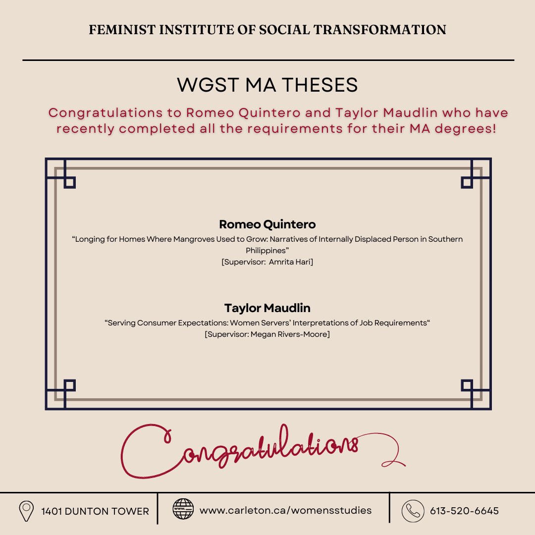 Carleton_FIST's tweet photo. Congratulations to Romeo Quintero and Taylor Maudlin who have recently completed all the requirements for their MA degrees 🥳 

#carletongrads2022 #carletonuniversity #carleton #carletonu #carletonalumni #carletonravens #carletongraduates #carletonnews https://t.co/lSqe0nRyjX