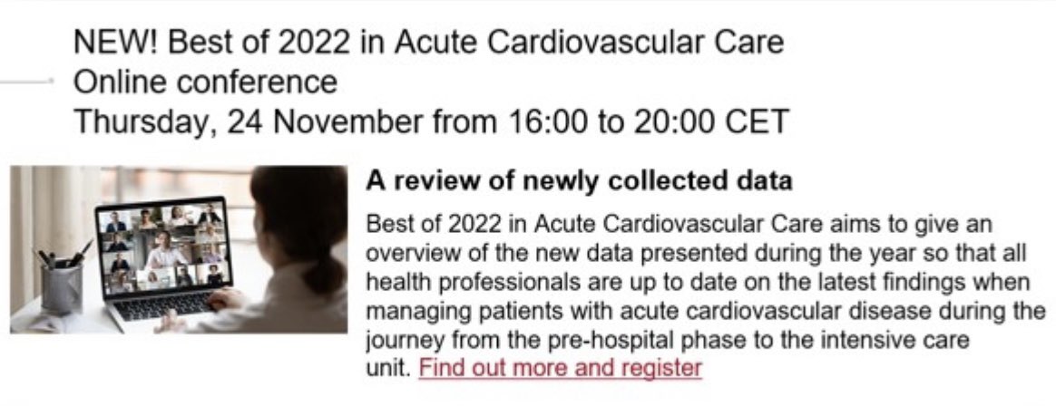 ACVCPresident (@acvcpresident) on Twitter photo Best of 2022 in Acute Cardiovascular Care!
- Nov 24
- 16:00 - 20:00 CET
We will review the best of #AHA22, #ACC22, #ACVC2022 and #ESCCongress!
Who: <a href="/cbgranger/">Christopher Granger</a> <a href="/sighalvo/">Sigrun Halvorsen</a> <a href="/AbdoKhoury00/">Abdo KHOURY</a> <a href="/ASionis/">Alessandro Sionis</a> <a href="/VranckxPascal/">pascal vranckx</a> <a href="/Drroxmehran/">Dr Roxana Mehran</a>, <a href="/docclemme/">Peter Clemmensen</a>, myself and others!
escardio.org/Sub-specialty-… Best of 2022 in Acute Cardiovascular Care!
- Nov 24
- 16:00 - 20:00 CET
We will review the best of #AHA22, #ACC22, #ACVC2022 and #ESCCongress!
Who: <a href="/cbgranger/">Christopher Granger</a> <a href="/sighalvo/">Sigrun Halvorsen</a> <a href="/AbdoKhoury00/">Abdo KHOURY</a> <a href="/ASionis/">Alessandro Sionis</a> <a href="/VranckxPascal/">pascal vranckx</a> <a href="/Drroxmehran/">Dr Roxana Mehran</a>, <a href="/docclemme/">Peter Clemmensen</a>, myself and others!
escardio.org/Sub-specialty-…
