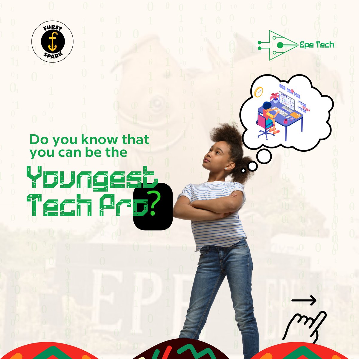 FurstSparkHQ's tweet photo. "No computer experience?"

The future of our children is dangerously at risk because they cannot write a simple program.

Come on, keep up! Epe Tech Camp will teach you everything needed to master the most popular coding tool.

Application closes on October 15th. 

#EpeTechCamp https://t.co/Blb03mKJWT