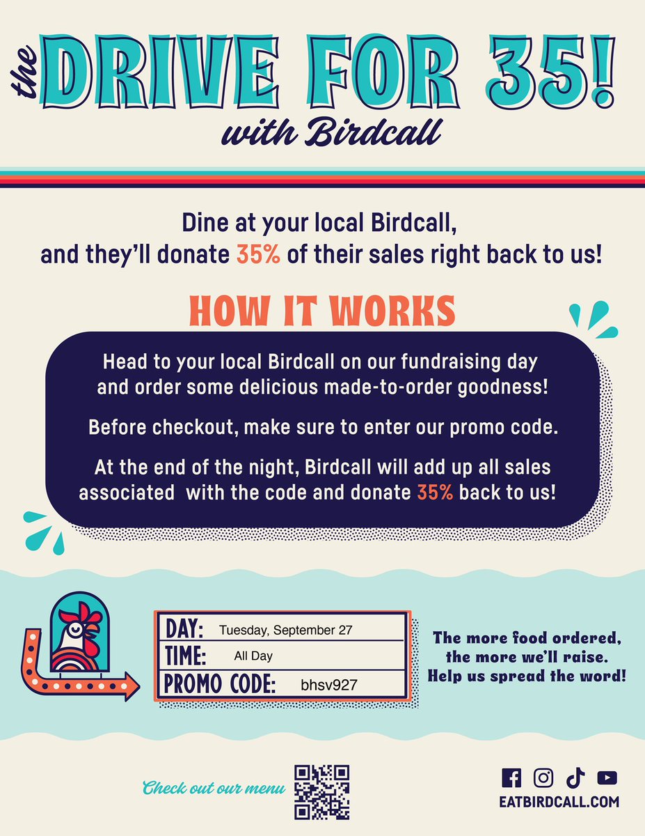 PanthersBHS's tweet photo. This TUESDAY 9/27, swing by your local @Eat.Birdcall to help support @boulderhighvolleyball! For every order placed with promo code: bhsv927, we’ll get 35% of all sales donated back to us! #DriveFor35 https://t.co/wIkH3MhoQq