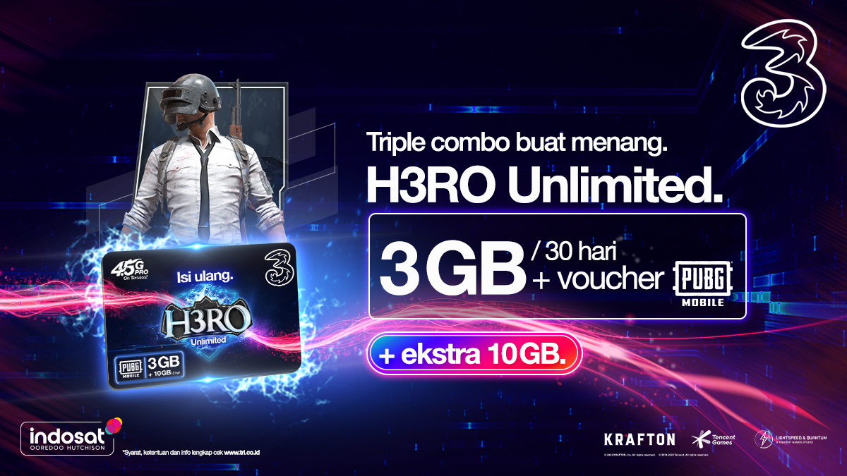 Mabar PUBG asma temen sampai WWCD dengan H3RO Unlimited.

Kamu bisa nikmati bonus ekstra 10GB dan voucher PUBGM, biar mabar bisa makin seru.

Cek: bimaplus.tri.co.id/TrendingGamesS…

#IniWaktunyaKita
#IOHSatuJaringan
