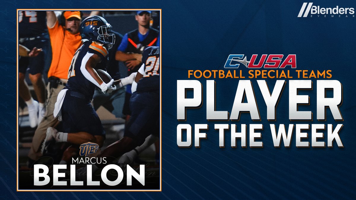 🏈 𝗣𝗹𝗮𝘆𝗲𝗿 𝗼𝗳 𝘁𝗵𝗲 𝗪𝗲𝗲𝗸 🏈 @UTEPFB’s Marcus Bellon (@BellonMarcus) is the #CUSAFB Special Teams Player of the Week presented by @BlendersEyewear! 🏅1️⃣ | bit.ly/3faMA4s