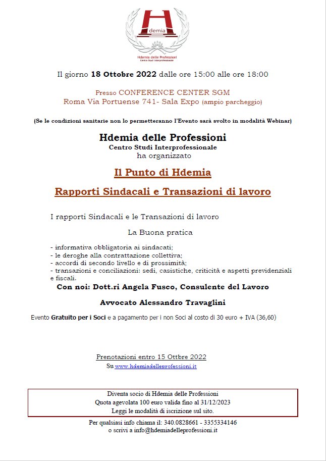 E noi di Hdemia delle Professioni, visto l'entusiasmo nell'incontrarci il 21/9,replichiamo la presenza il 18/10/2022 con un argomento molto interessante e, come siete abituati in Hdemia, trattato fino agli adempimenti previdenziali e fiscali. Vi aspettiamo.