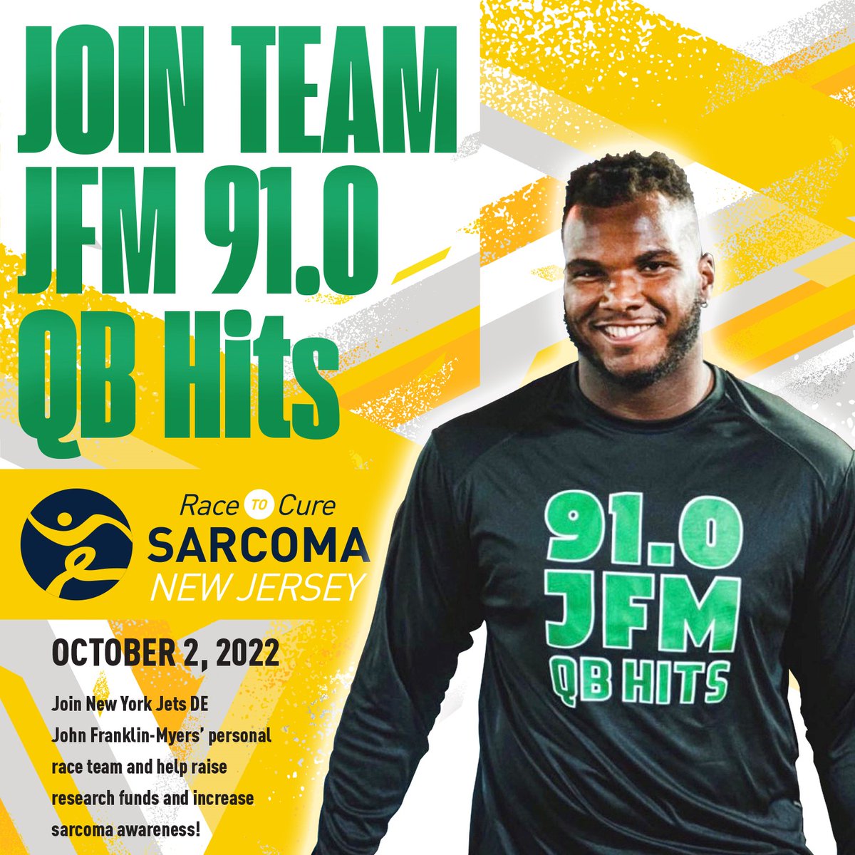 Sarcoma Foundation of America (@curesarcoma) on Twitter photo .<a href="/nyjets/">New York Jets</a>β <a href="/J_FranklinMyers/">John Franklin-Myers</a> invites you to join his team, JFM 91.0 QB Hits, supporting SFAβs Race to Cure Sarcoma New Jersey on 10/2. The first 25 to register will receive a special team shirt. Attendance not required. Register: bit.ly/3dieuuQ #curesarcoma #RTCSNewJersey .<a href="/nyjets/">New York Jets</a>β <a href="/J_FranklinMyers/">John Franklin-Myers</a> invites you to join his team, JFM 91.0 QB Hits, supporting SFAβs Race to Cure Sarcoma New Jersey on 10/2. The first 25 to register will receive a special team shirt. Attendance not required. Register: bit.ly/3dieuuQ #curesarcoma #RTCSNewJersey