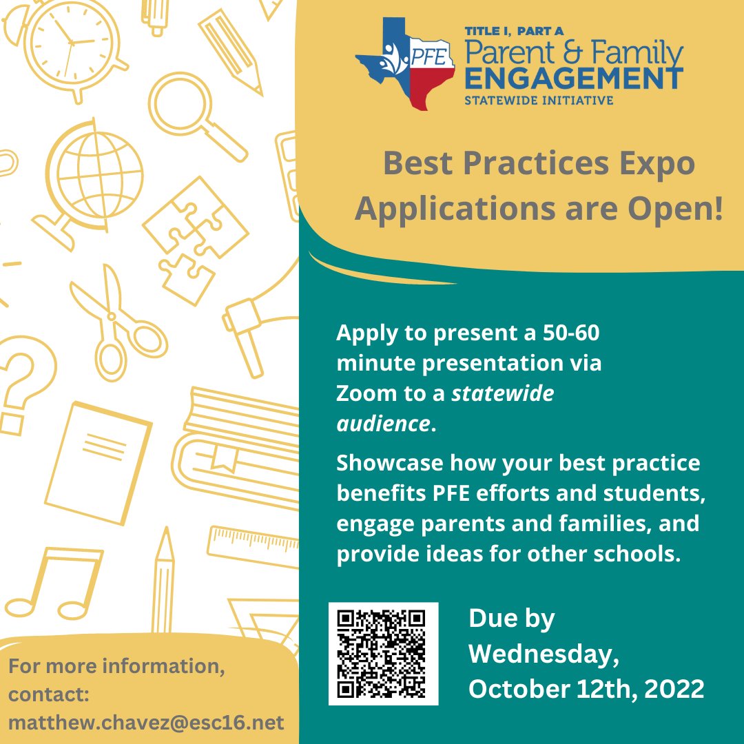 We are accepting applications for our November 10th Best Practices Virtual Expo. Showcase what your school/district is doing in PFE and teach others across the state how they can use these ideas at their schools. Application: ow.ly/eNOM50KSYWF. Due by October 12th, 2022.