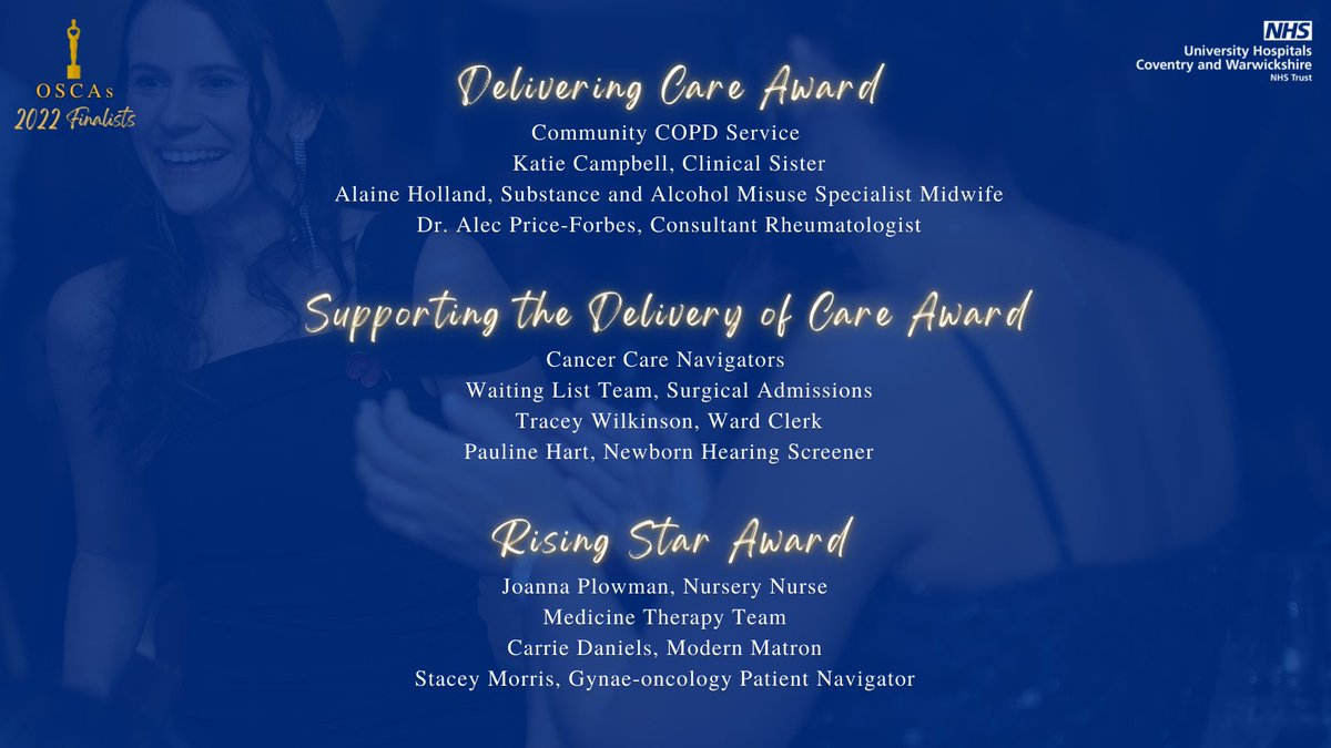 nhsuhcw's tweet photo. We are excited to reveal the shortlist for our Outstanding Service and Care Awards 2022 🏆

This year we received a record number of nominations from staff and members of the public, recognising the amazing individuals and teams at UHCW.

Congratulations to all our finalists 🎉 https://t.co/TfmclsoADW