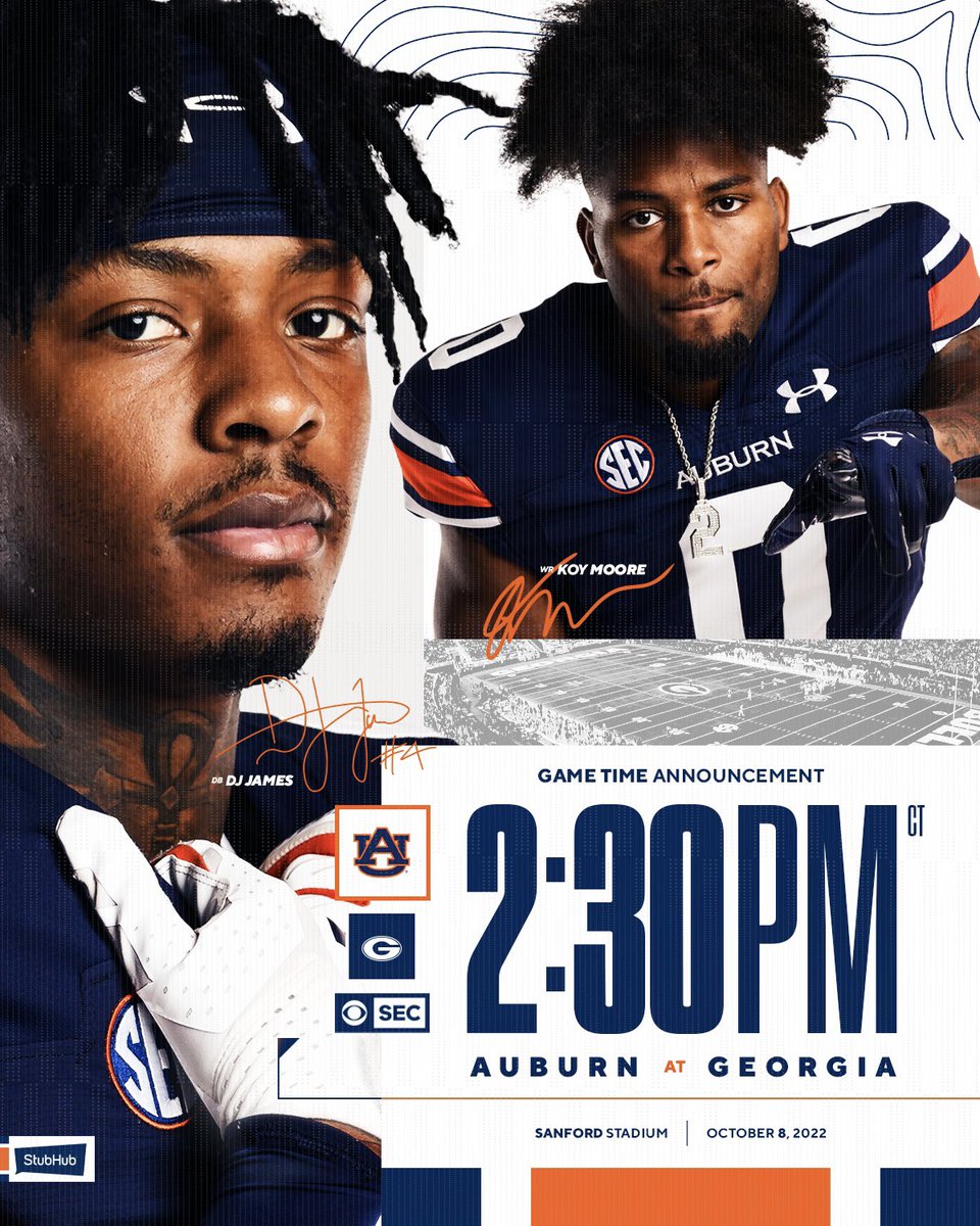 AuburnFootball's tweet photo. First road game of the year is set.

October 8 in Athens, GA
⏰2:30PM CT | 📺 @SEConCBS 

#WarEagle🦅 https://t.co/ne75RvMaRj
