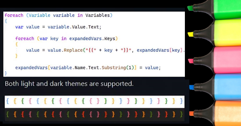 CodeView's tweet image. Visual Studio: Better overview thanks to Rainbow Braces
Colorize brace pairs in order to better understand nested code...
codeview.net/2022/09/26/vis…
#dev #coding #programming #devcommunity #dotnet #csharp #developer #developers #softwareengineer #softwaredevelopment #visualstudio