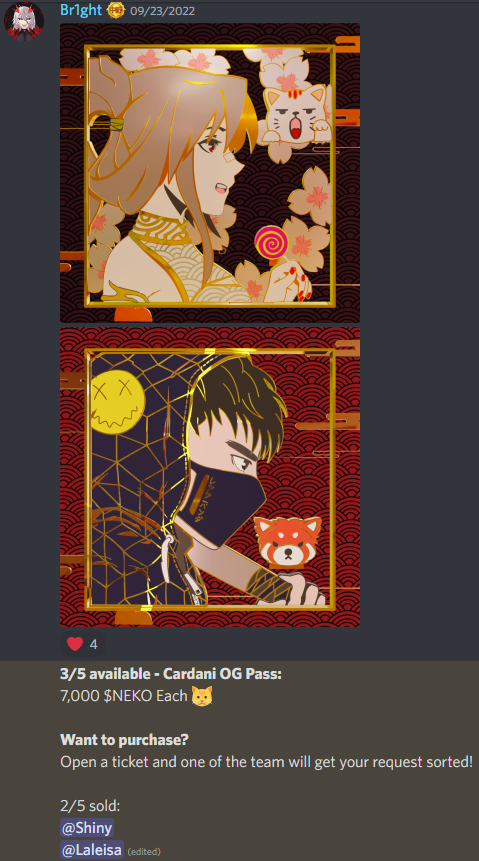 LaleisaNFT's tweet image. My @CardaniCNFT Bored Cat Gang just got dropped. I have also purchased another OG Pass (Red Panda) from  @NakanoCNFT NEKO WL Shop. Can't wait for my Red Panda with Laleisa embedded to arrive 🤩 #NFT #CNFT #Cardani #Nakano
