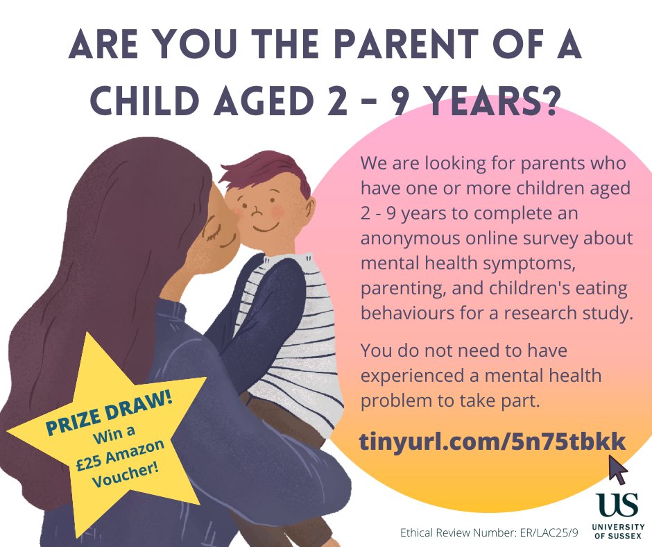 Are you the parent of a 2-9 year old child? For a chance to win a £25 Amazon voucher, please consider completing our online survey about mental health symptoms, parenting, and children's eating behaviours. More info at: tinyurl.com/5n75tbkk Please retweet! #mentalhealth 🙂
