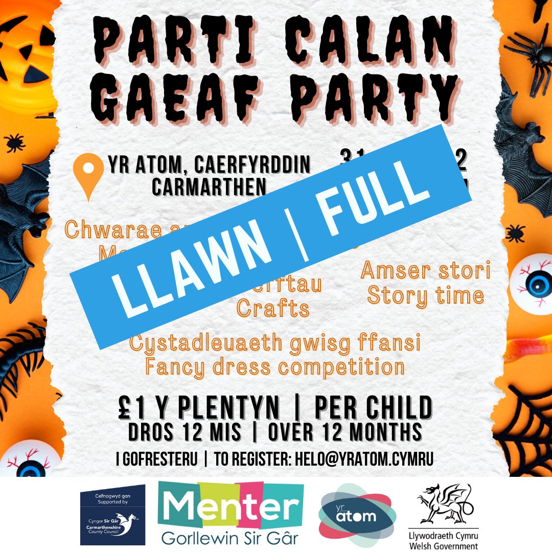 Diolch i bawb sydd wedi cofrestru, mae'r parti nawr yn llawn 👌🎃

Thank you to everyone for registering, the party is now full 😆

@MenterGSG <a href="/caffir_atom/">Caffi'r Atom</a>