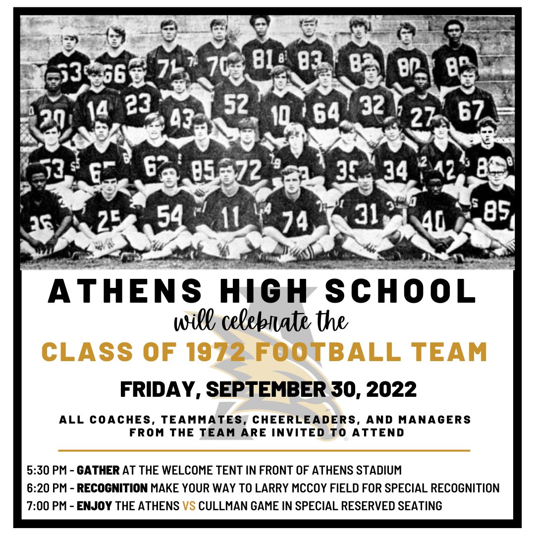 We will honor the 1972 @AthensGolden 🏈 Team on Friday, September 30. This season marks the 50th anniversary of the team’s historical regular season record. Coaches, teammates, cheerleaders, & managers of the team are invited! Learn more at acs-k12.org/football.