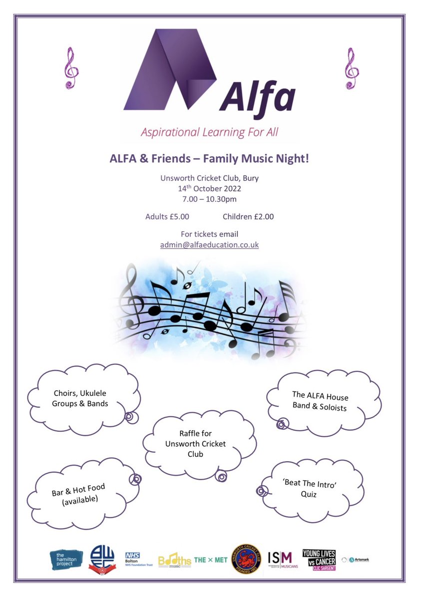alfaeduk's tweet photo. This is going to be a fantastic night of fun and music for all the family @Unsworth_CC  on Friday 14th October. For tickets, email: admin@alfaeducation.co.uk https://t.co/aRulrzUc8q
