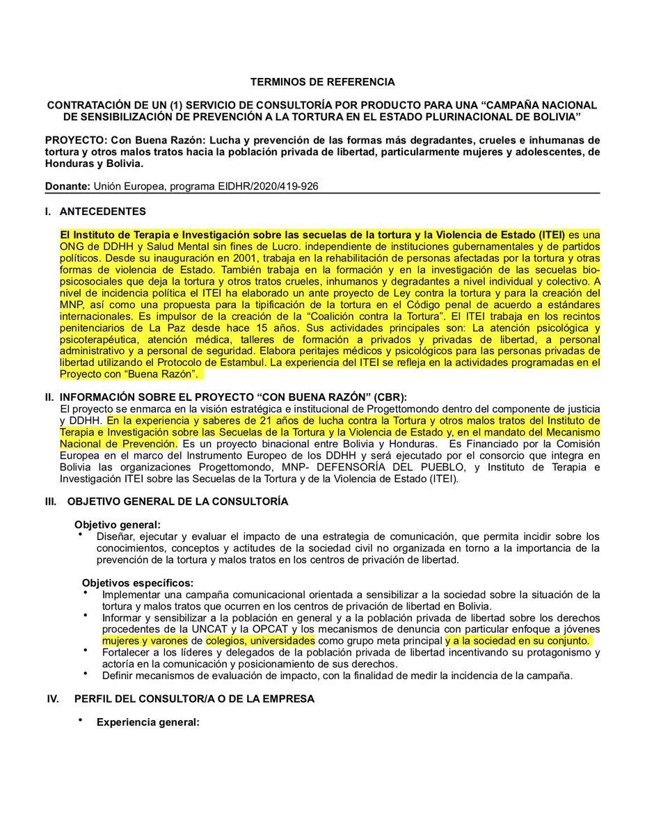 ITEILaPaz's tweet photo. Se busca comunicador/a para "La Campaña Nacional de Sensibilización de prevención de la tortura en el Estado Plurinacional de Bolivia". 
Vea los términos de contrato https://t.co/wR3xY54R5E