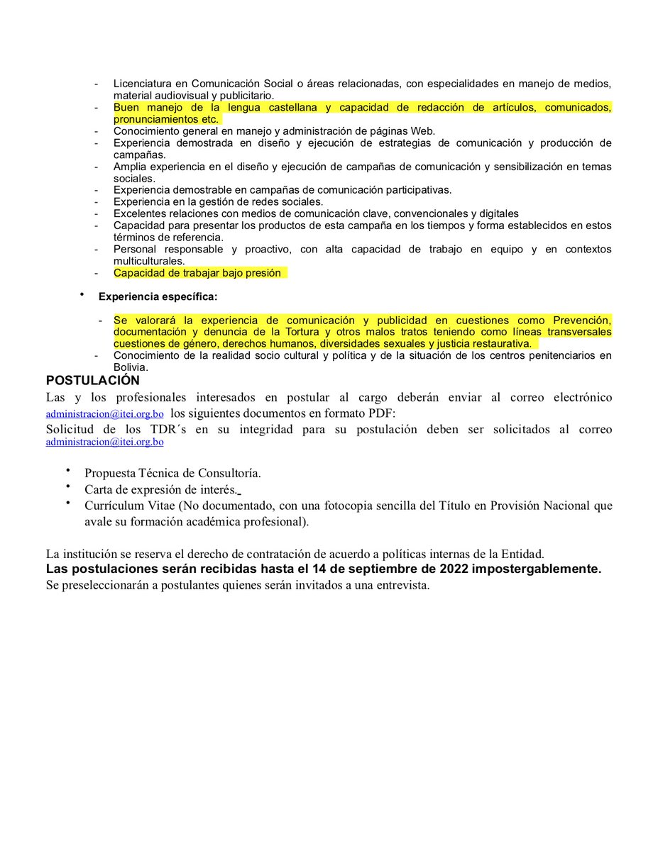 ITEILaPaz's tweet photo. Se busca comunicador/a para "La Campaña Nacional de Sensibilización de prevención de la tortura en el Estado Plurinacional de Bolivia". 
Vea los términos de contrato https://t.co/wR3xY54R5E