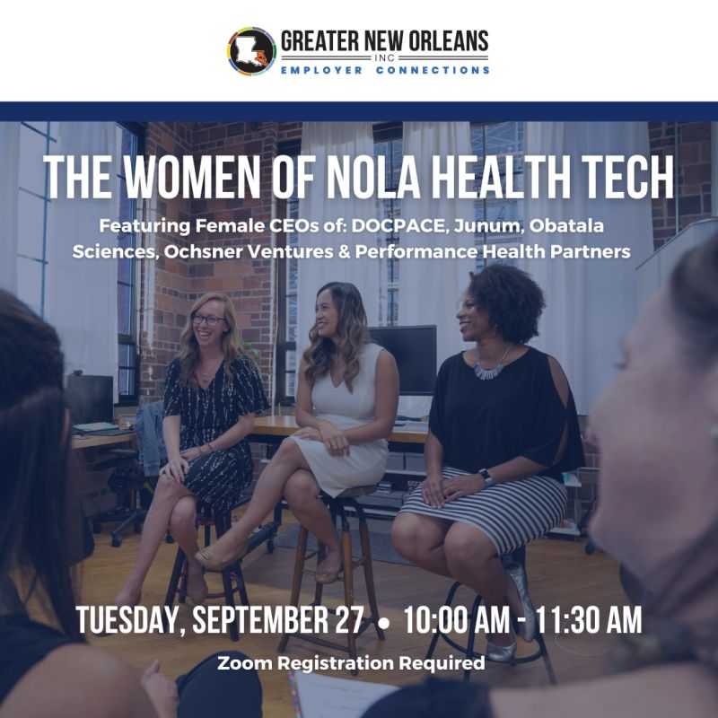 On 9/27 <a href="/GNOinc/">GNO, Inc.</a> is holding a virtual panel to spotlight four woman-owned, innovative startups: <a href="/DOCPACE_/">DOCPACE®</a>, <a href="/ObatalaSciences/">Obatala Sciences Inc</a>, <a href="/JunumHealth/">Junum</a>, and <a href="/PerfHealth/">Performance Health Partners</a>. A moderated discussion will be led by <a href="/aimeequirk/">Aimee Quirk</a>, CEO of <a href="/OchsnerVentures/">Ochsner Ventures</a>.

Register today: bit.ly/3fgGb88