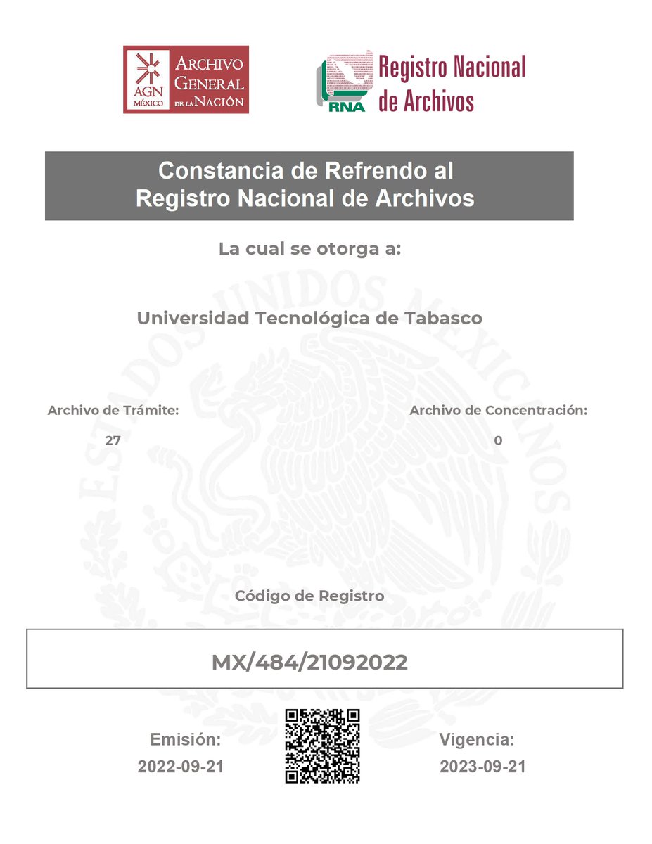 UTTAB's tweet photo. En cumplimiento del Art. 11 de la Ley General de Archivos, Fracción IV; la UTTAB recibe la constancia de refrendo al Registro Nacional de Archivos del Archivo General de la Nación. https://t.co/9Q6BmG5qgJ