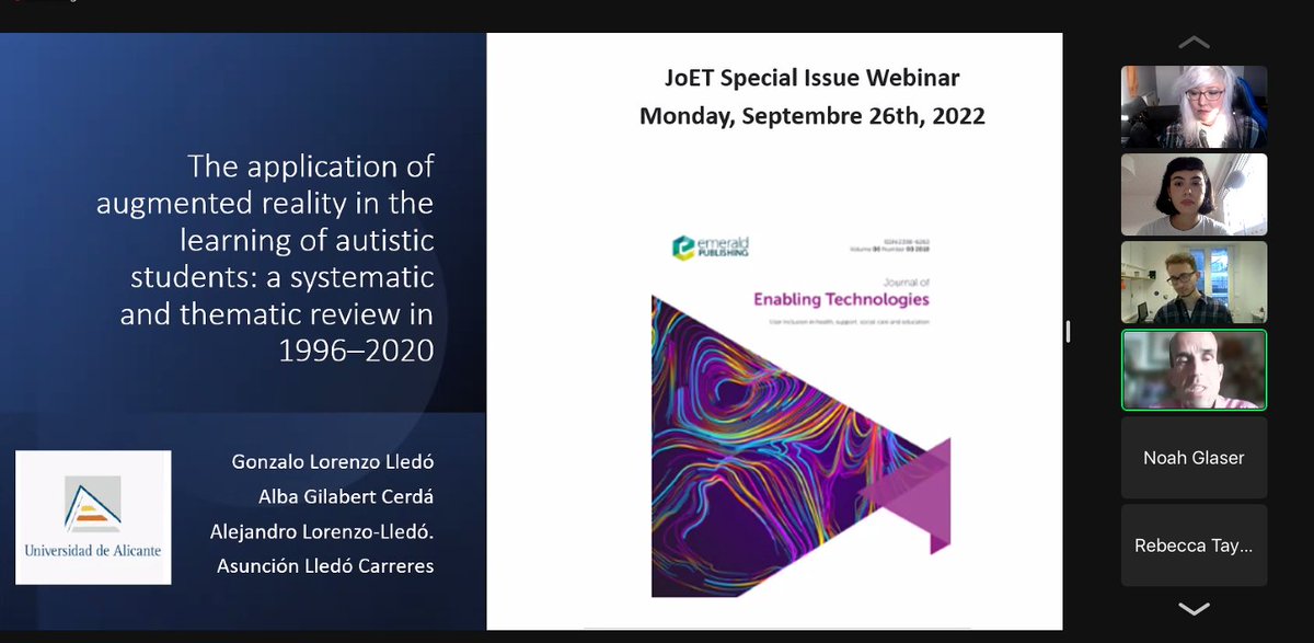 AVRA 2023 (@avra2022) on Twitter photo A video summary of the paper "The application of #AugmentedReality in the learning of #autistic students: a systematic and thematic review in 1996-2020", presented by Gonzalo Lorenzo Lledó. Recording available soon.
Read the paper for free until 30th Sep: emerald.com/insight/conten… A video summary of the paper "The application of #AugmentedReality in the learning of #autistic students: a systematic and thematic review in 1996-2020", presented by Gonzalo Lorenzo Lledó. Recording available soon.
Read the paper for free until 30th Sep: emerald.com/insight/conten…