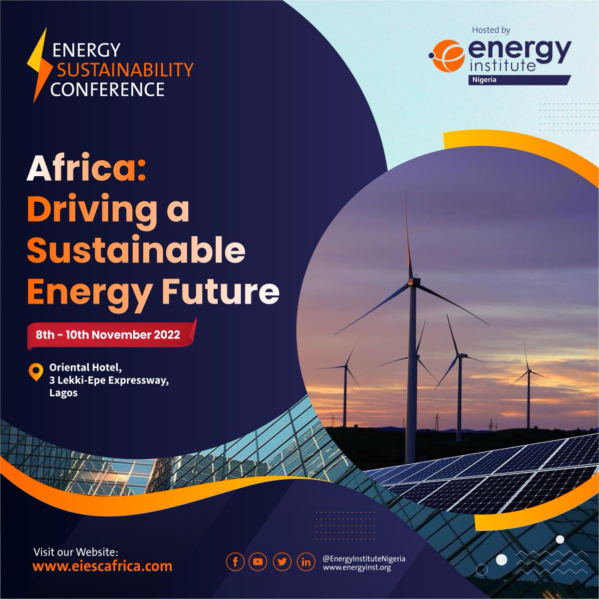 einigeria's tweet photo. Join us for the Energy Sustainability Conference (ESC) 2022 as we make significant efforts towards a sustainable future for Africa!
Venue: Lagos Oriental Hotel, VI 
Date: Nov. 8-10th, 2022
Register: https://t.co/f14QdrDyEz #ESC2022
Learn more about the EI: https://t.co/cMrjAXG77q https://t.co/NLywvRsskS