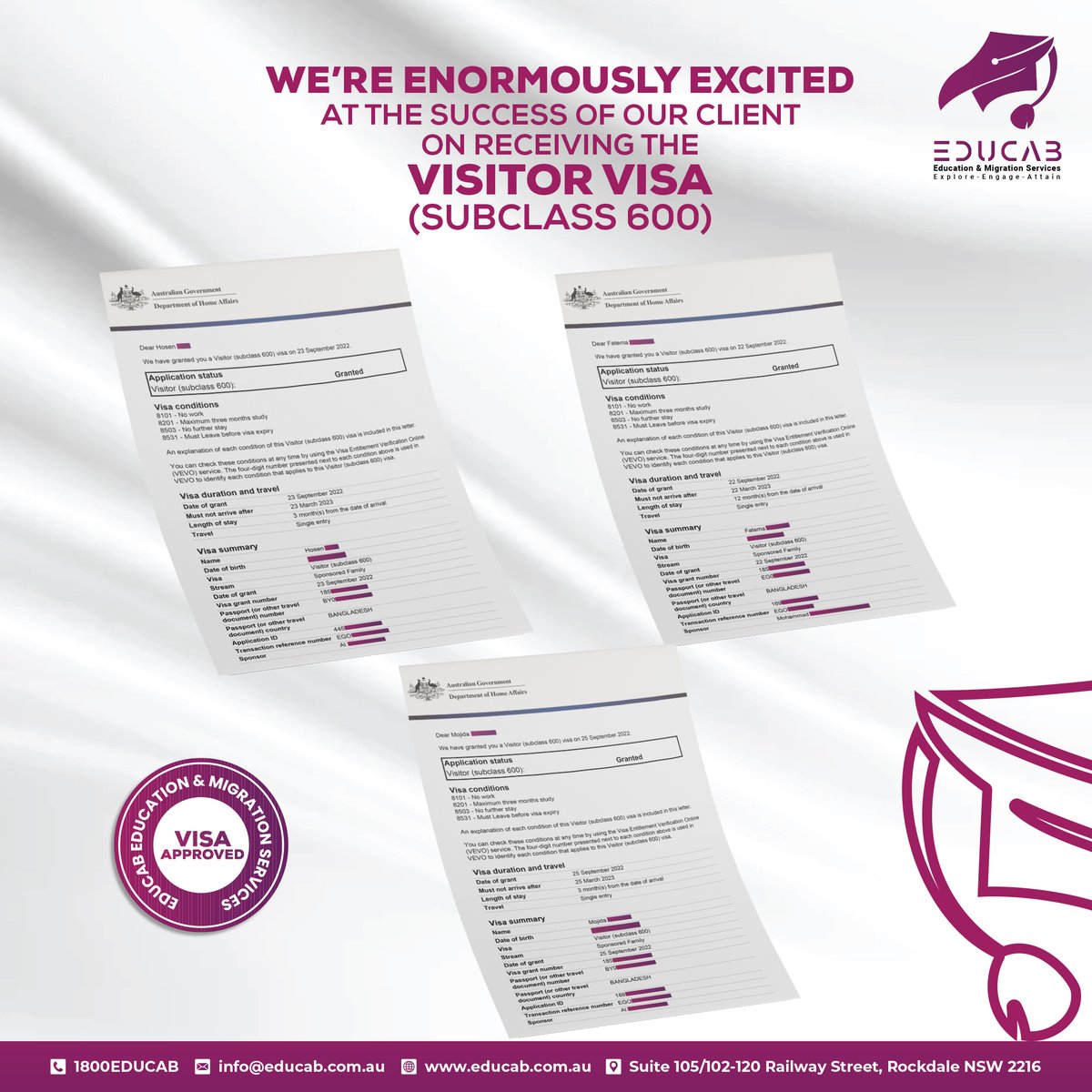 educabaustralia's tweet image. 𝐁𝐄𝐆𝐈𝐍𝐍𝐈𝐍𝐆 𝐎𝐅 𝐓𝐇𝐄 𝐃𝐀𝐘 𝐂𝐎𝐔𝐋𝐃𝐍’𝐓 𝐁𝐄 𝐀𝐍𝐘 𝐁𝐄𝐓𝐓𝐄𝐑‼️

Our five clients got #SC600 (Sponsored Family Stream) Visa in same day adding another signature at our 💯 success rate.

JUST KNOCK AWAY
🤳1800EDUCAB
📲+61 424 205 426

MARN 1801183

#educab