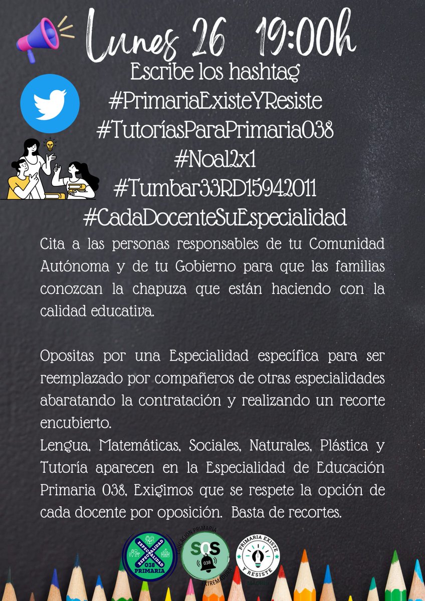 #PrimariaExisteyPersiste
#TutoriasParaPrimaria038
#Noal2x1
#Tumbar33RD15942011
#CadaDocenteSuEspecialidad 
<a href="/GFVara/">Guillermo Fdez Vara</a> <a href="/EstherGMoran/">Esther Gutiérrez</a> <a href="/famayaf/">FranAmaya</a> <a href="/luzseijo/">M Luz Martínez Seijo</a>