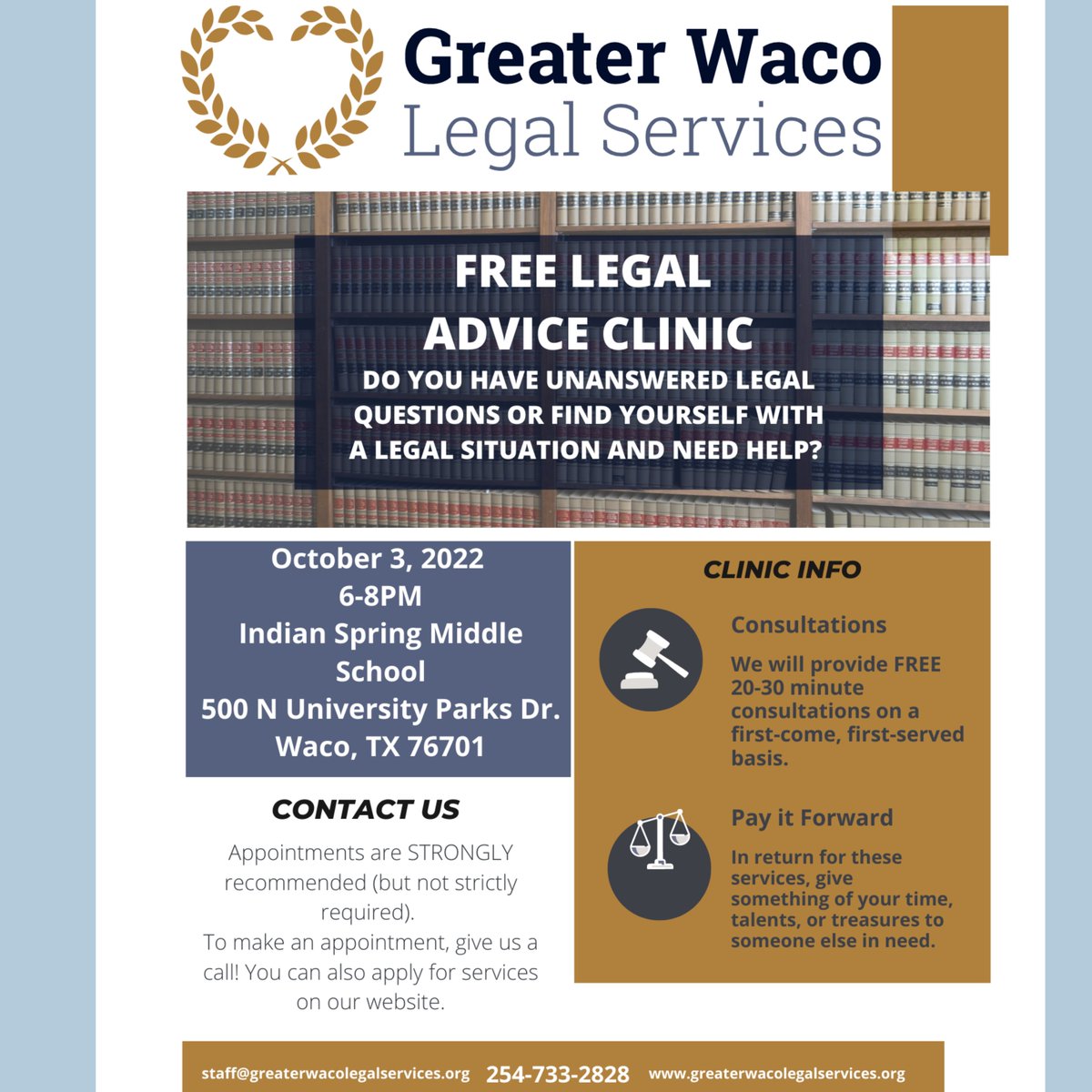 TransformWaco's tweet photo. 📍 Free Legal Advice Clinic 
⚖️@GreaterWacoLS 
📆 Monday, October 3rd  
⏰ 6-8 p.m. 
🏫 G.W. Carver Indian Spring United (500 N University Parks Waco, TX 76701) https://t.co/4z3SRON811