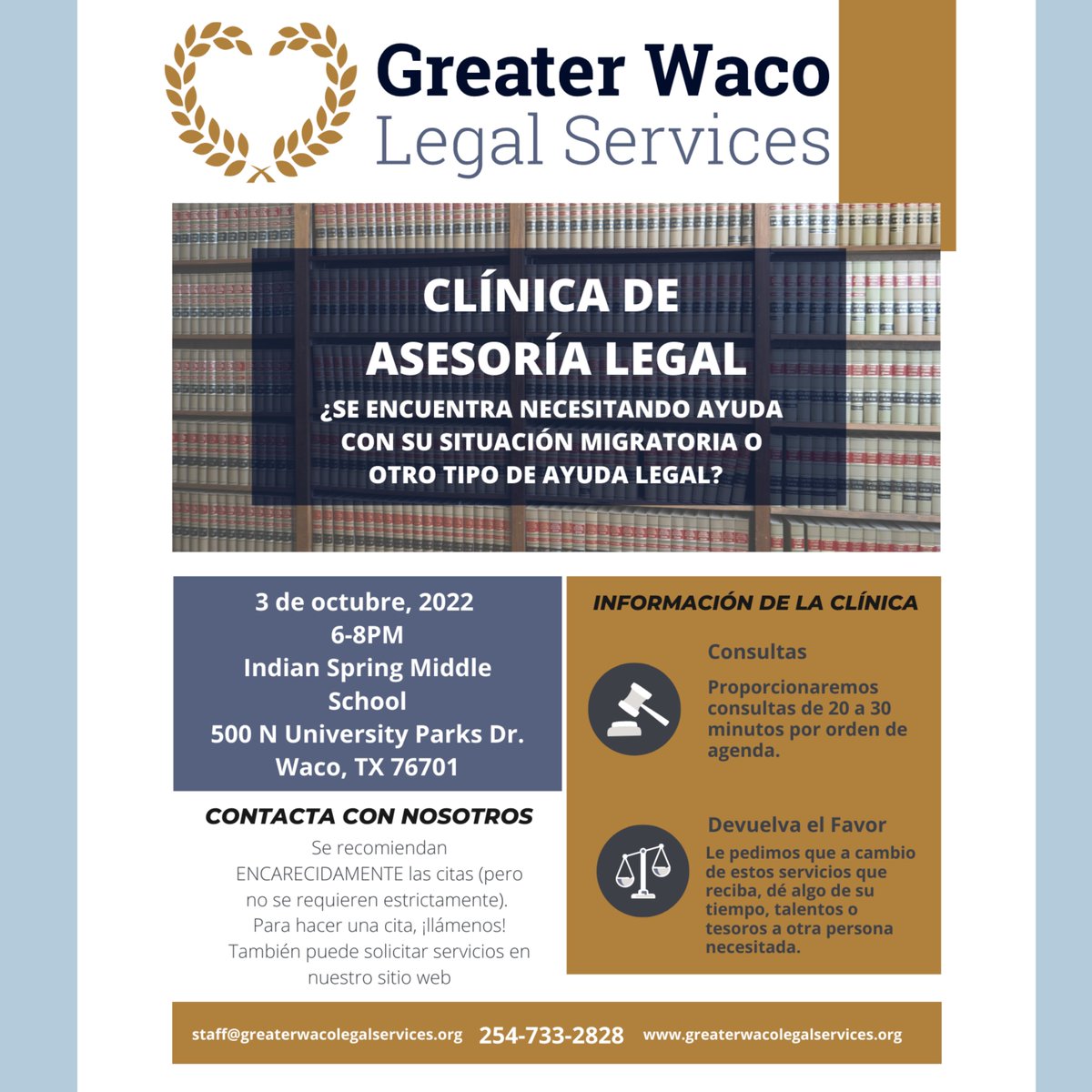 📍 Free Legal Advice Clinic 
⚖️<a href="/GreaterWacoLS/">Greater Waco Legal</a> 
📆 Monday, October 3rd  
⏰ 6-8 p.m. 
🏫 G.W. Carver Indian Spring United (500 N University Parks Waco, TX 76701)