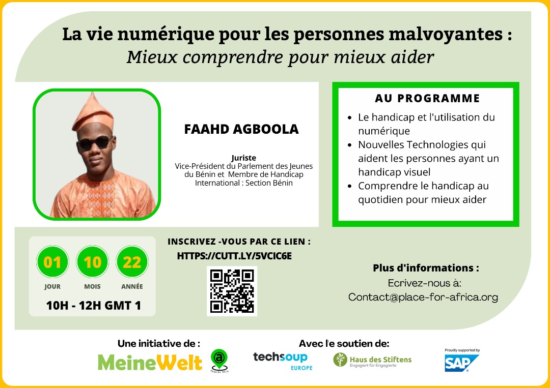 PlaceforAfrica1's tweet photo. Comment les personnes qui vivent avec un handicap visuel peuvent-ils utiliser le numérique ? Quelles en sont les opportunités et challenges pour ces dernières ? 
Venez en discuter avec nous ce 01.10.2022 en ligne via zoom. 
Inscrivez-vous ici : https://t.co/LXLLkzlA4i https://t.co/4qm6NEv73g