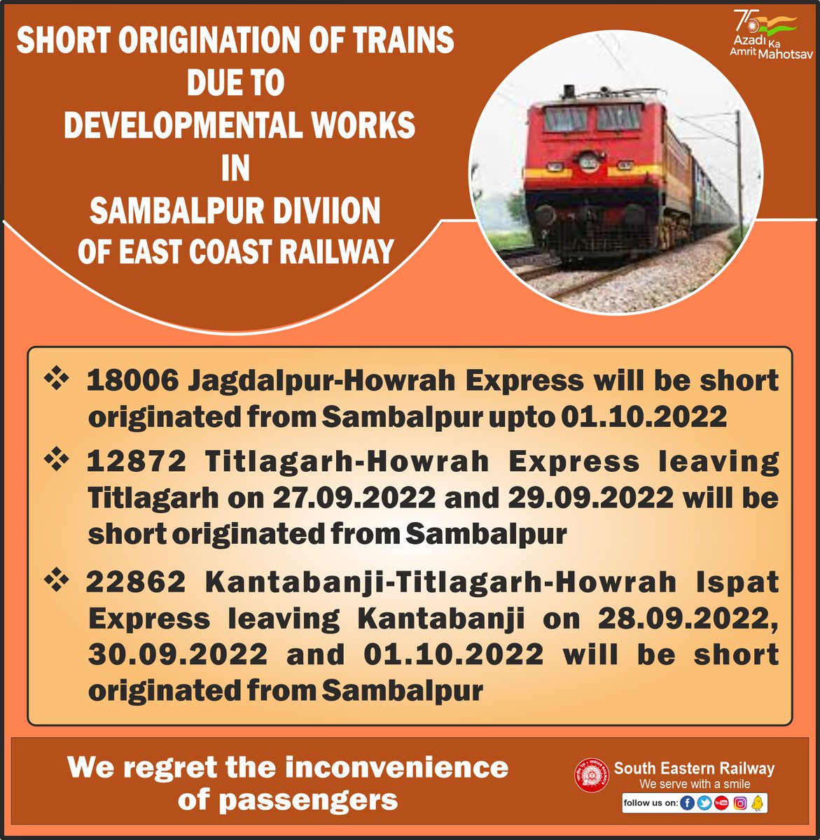 South Eastern Railway on Twitter "Short Origination of trains due to