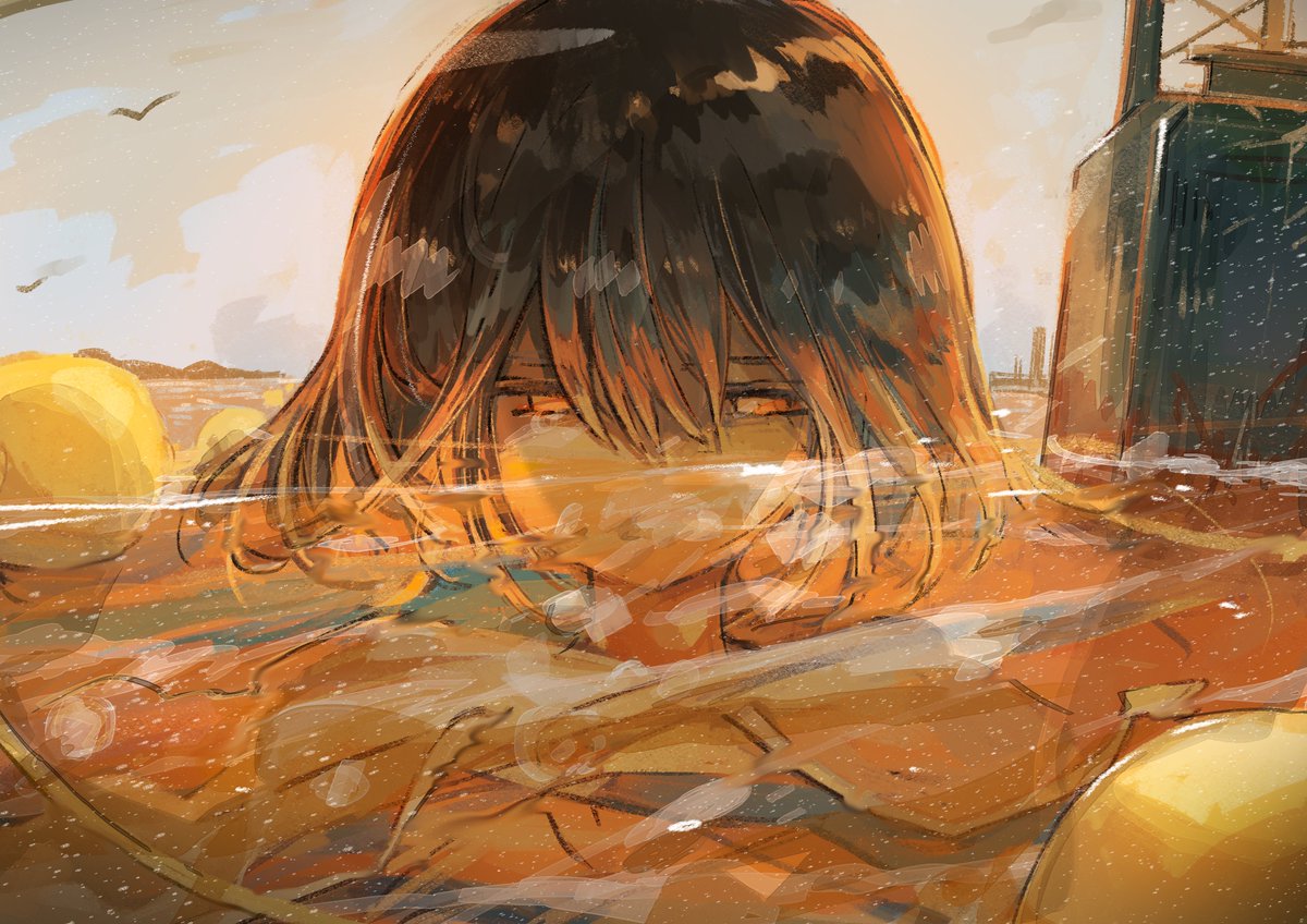 1girl solo partially submerged water outdoors brown hair hair between eyes  illustration images
