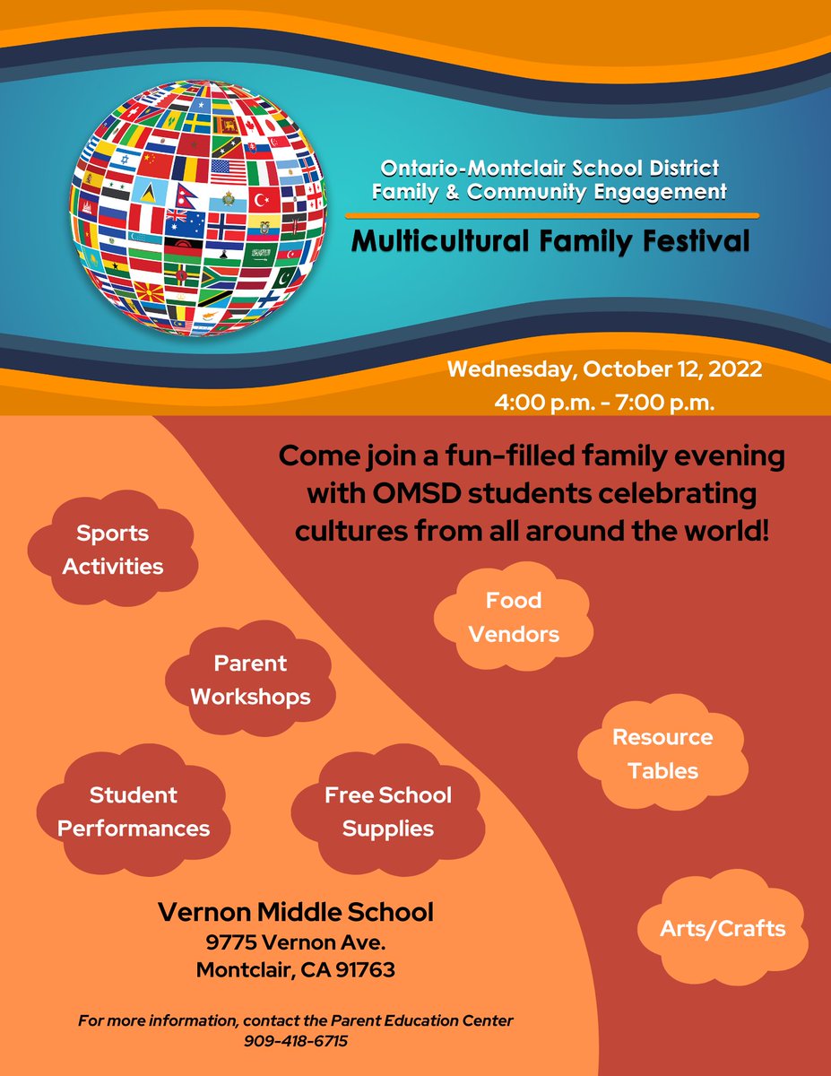 Berlyn_OMSD's tweet photo. OMSD is hosting our Inaugural Multicultural Family Festival on Wednesday, October 12, 2022 from 4:00– 7:00 PM at Vernon MS. Join us for parent classes, student activities/sports, student performances, arts &amp;crafts and many resources. https://t.co/cpm84nCF5h