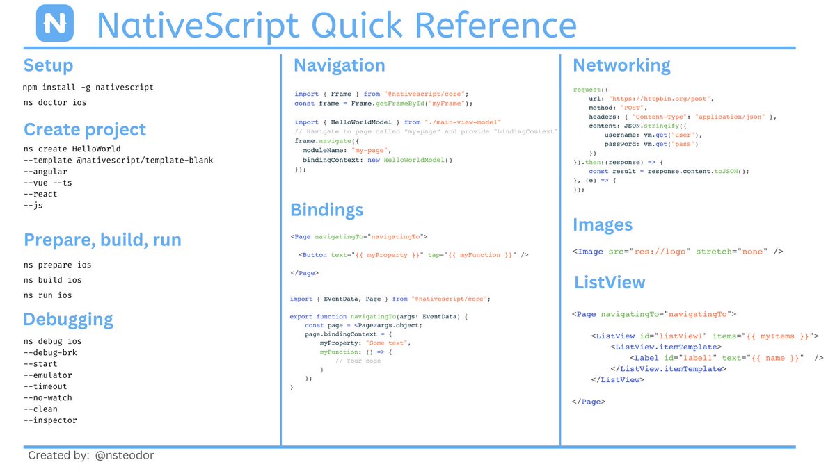 nsteodor's tweet image. Spending most of my time on the runtime, I often forget some basics so I needed a cheat sheet. Sharing this here in case I am not the only one. #nativescript