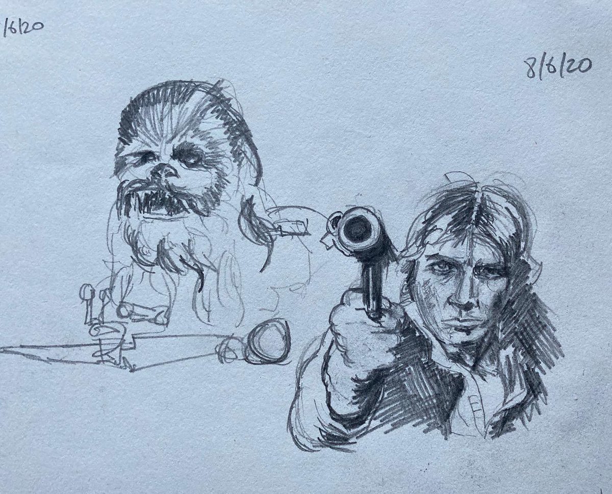 First few stages of #HanChewie #oilpainting. These ones tend to go quickly so get your bids in ASAP. Oil on board 20”x 16” - it will stay loose with palette knife. Last image is sketch I did few years back.
#starwarsart 
#starwarsartwork 
#portraitpainting
#hansolo 
#chewbacca