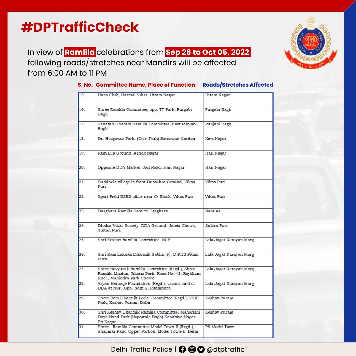 dtptraffic's tweet photo. Traffic Alert
In view of #Ramlila celebrations in Delhi from September 26 to October 05 2022, some roads/stretches would be affected.
Commuters are advised carefully plan their travel and follow the guidelines for their convenience.
#DPTrafficCheck https://t.co/NpQyT8ujF9