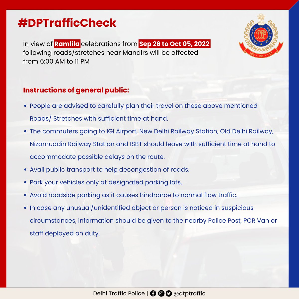 dtptraffic's tweet photo. Traffic Alert
In view of #Ramlila celebrations in Delhi from September 26 to October 05 2022, some roads/stretches would be affected.
Commuters are advised carefully plan their travel and follow the guidelines for their convenience.
#DPTrafficCheck https://t.co/NpQyT8ujF9