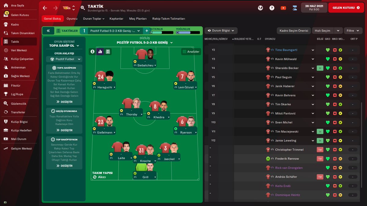 FM'ye Dönecek olursak oyunda kullanacağımız Kadromuz ve Dizilişimiz Dizilişimiz: 5-2-3 Oyun Anlayışımız: Pozitif Futbol