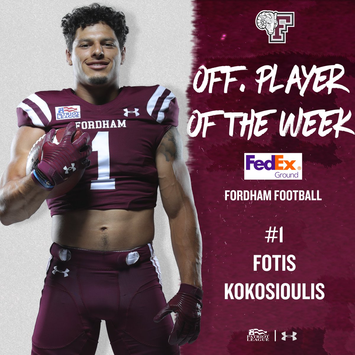 FordhamRams's tweet photo. 🏈Congrats to @FORDHAMFOOTBALL senior WR @fotiskoko1 on being named @FedExGround FCS Offensive Player of the Week as well as @PatriotLeague Offensive Player of the Week following his record-setting game at Ohio.
#Ramily @FedEx https://t.co/iuDNWfVq5h