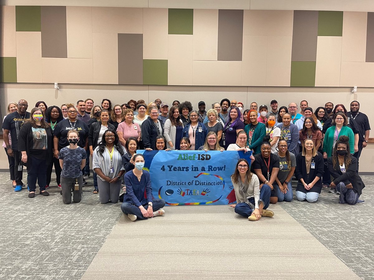 AliefHSArt's tweet photo. The @ElsikHSArt &amp; @ElsikNGCRams art teachers took a few minutes today to celebrate being recognized by TAEA for the 4th year in a row as a District of Distinction! Special shout out to our Elsik NAHS students for creating the artwork for our photo op!  @AliefISD https://t.co/pEFozJzr7m