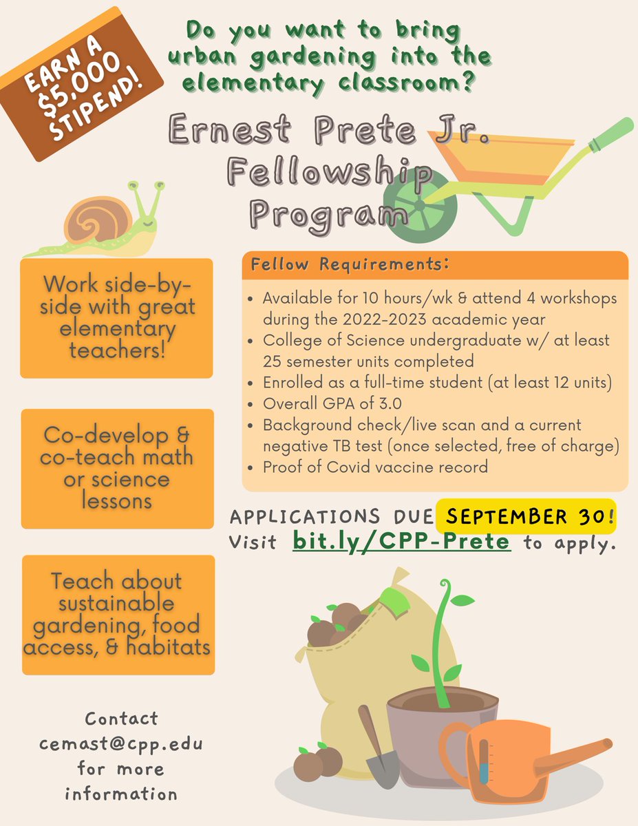 cpp_science's tweet image. Broncos,
Teach students about sustainable gardening, food access, and habitats while working alongside great teachers. Become an Ernest Prete Jr. Fellow! Fellows earn a $5,000 stipend!
Applications due 9/30/22!
Visit bit.ly/CPP-Prete to apply!
#cpp_science