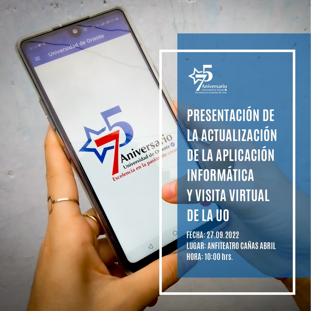 #75UO
Atención|| Mañana se estará presentando la actualización de la Aplicación Informática y Visita Virtual de la <a href="/UOCuba/">Universidad de Oriente</a>.
#75DeExcelencia
#75DeCienciayConciencia
#APK
