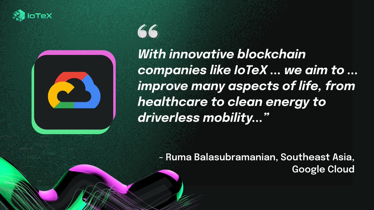 📜 #IoQuotes 

Here's @RumaBala of <a href="/GoogleCloud_SG/">Google Cloud Singapore</a> on #IoTeX and its potential use cases IRL!

➡️ Building &amp; scaling sustainably on the industry’s cleanest cloud
➡️ Improving many aspects of life

Check out the full article on <a href="/CityAM/">City A.M.</a>: bit.ly/3dMghbN
