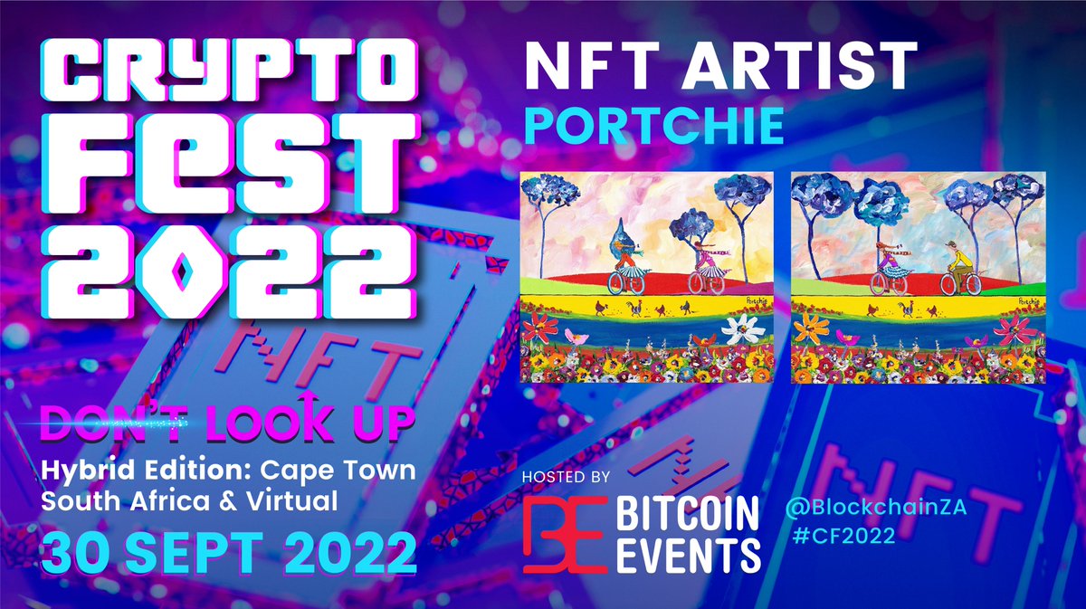 <a href="/IamPortchie/">Portchie</a> is a truly original and well-known #artist in SA. 

He has sold more than 18 000 original canvas art paintings and more than 1 million prints globally. 

He'll showcase his #NFTArt Collection, 'Cycling by the Riverside' at #CryptoFest2022.

#NFTartist #NFTCommunity