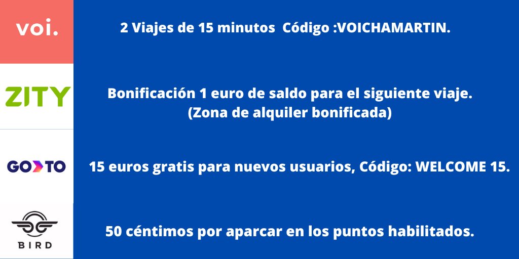 ¡Buenas tardes a todos!😉

Nos gustaría deciros que estamos el nuevo Hub de movilidad compartida en Chamartín, en #Madrid y que es 100 % GRATIS. 

Os dejamos descuentos de los partners del Hub ⬇️

#Felizlunes #movilidad #patinetes #bicis.