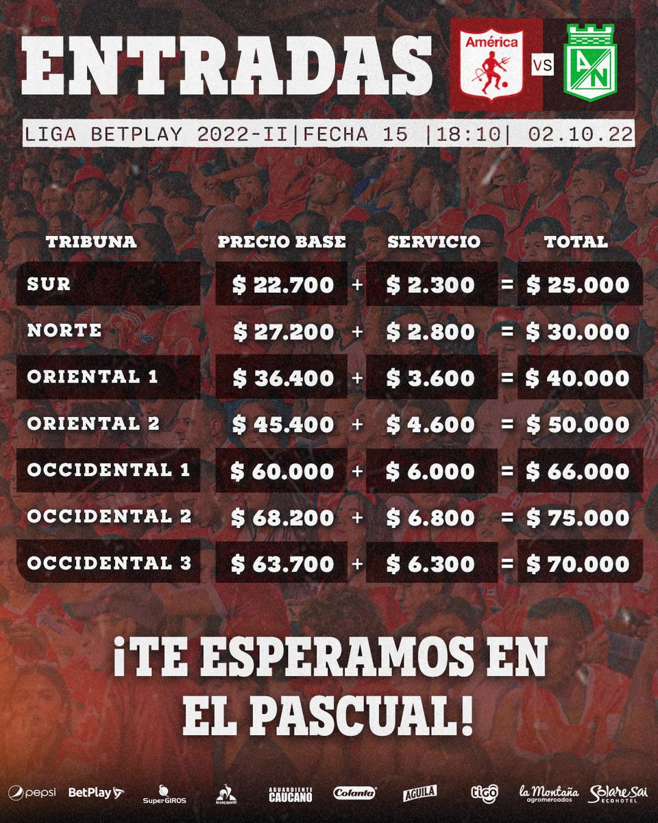 AmericadeCali's tweet photo. 🇦🇹 ¡𝗩𝗔𝗠𝗢𝗦 𝗔 𝗟𝗟𝗘𝗡𝗔𝗥 𝗘𝗟 𝗣𝗔𝗦𝗖𝗨𝗔𝗟! 🏟️

📍 ¡El #ClásicoDeColombia lo ganamos juntos! Adquiere tu entrada ahora y acompáñanos el domingo en el Pascual Guerrero. 🔥

🎟️ https://t.co/AF2mQz0FKG y puntos de venta de SuperGiros. https://t.co/KpueSFIOsU