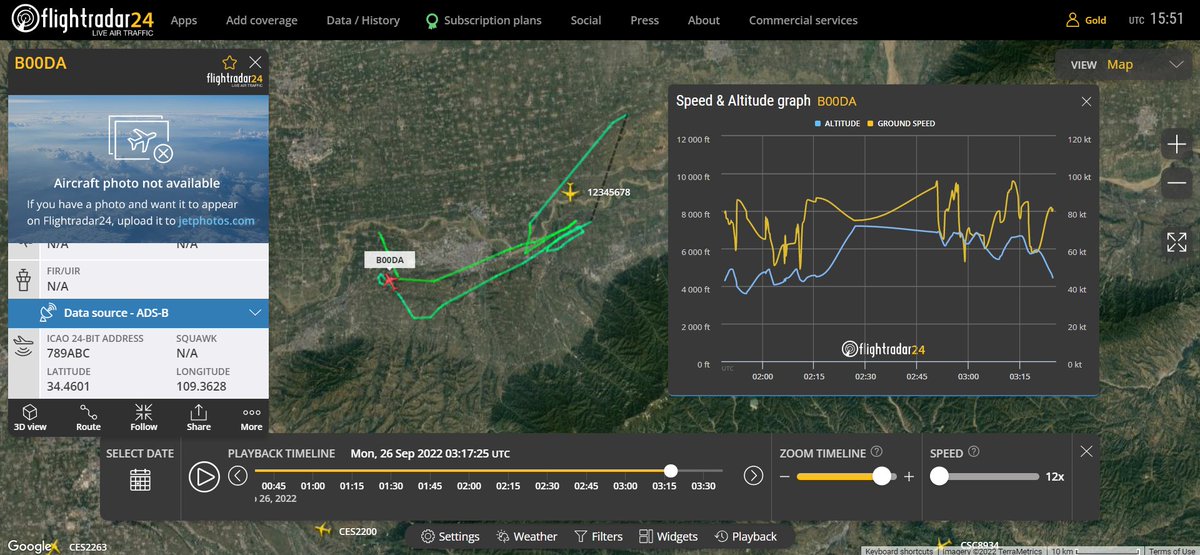 812Z_'s tweet photo. Unknown 🇨🇳#Chinese aircraft B00DA hex #789ABC (likely registration of B-00DA) observed in the air operating out of the Xi'an (CFTE) flight test center at Xi'an-Yanliang Airbase, Shaanxi, #China earlier today. Last obs'd 15 September roughly the same location. https://t.co/IkVl4ReHFm