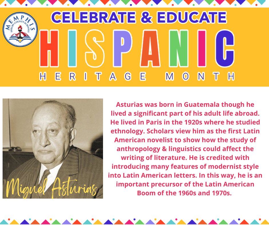 MSCSK12's tweet photo. Today we recognize Hispanic men and women who have positively impacted U.S. history. 

We celebrate Miguel Asturias, Nobel Prize-winning Guatemalan poet-diplomat, novelist, playwright and journalist! #MSCSUnidos https://t.co/zXDGLR3tN5